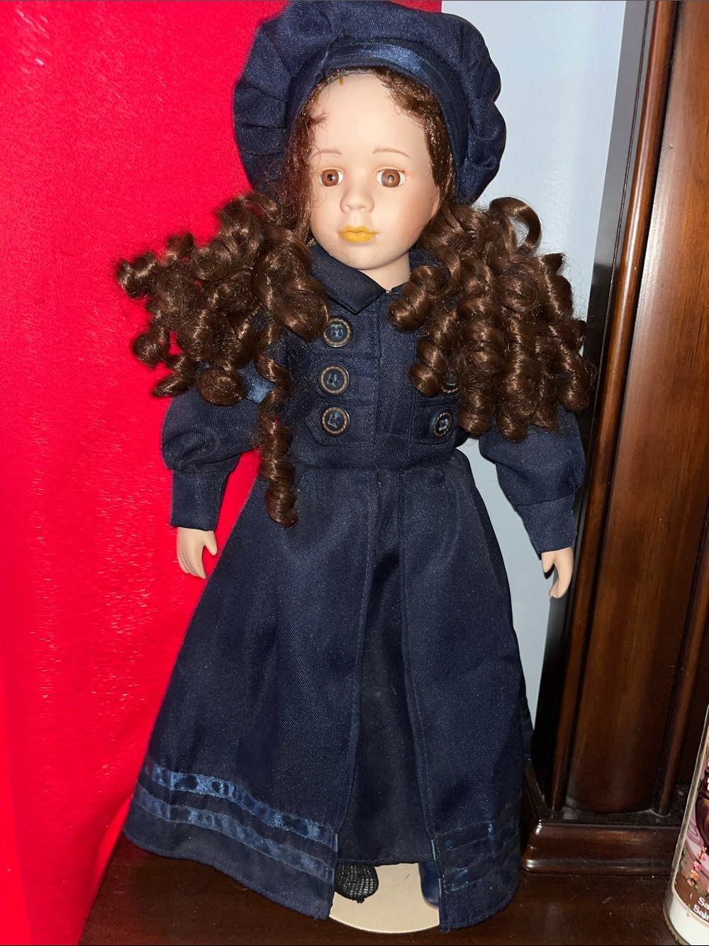 Elegant Navy Blue Decorative Doll with Curly Hair